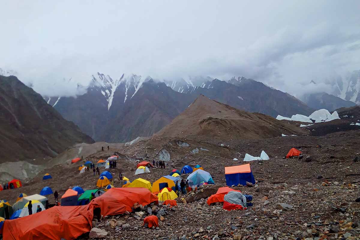 Goro II campsite on Baltoro Glacier with Masherbrum in view